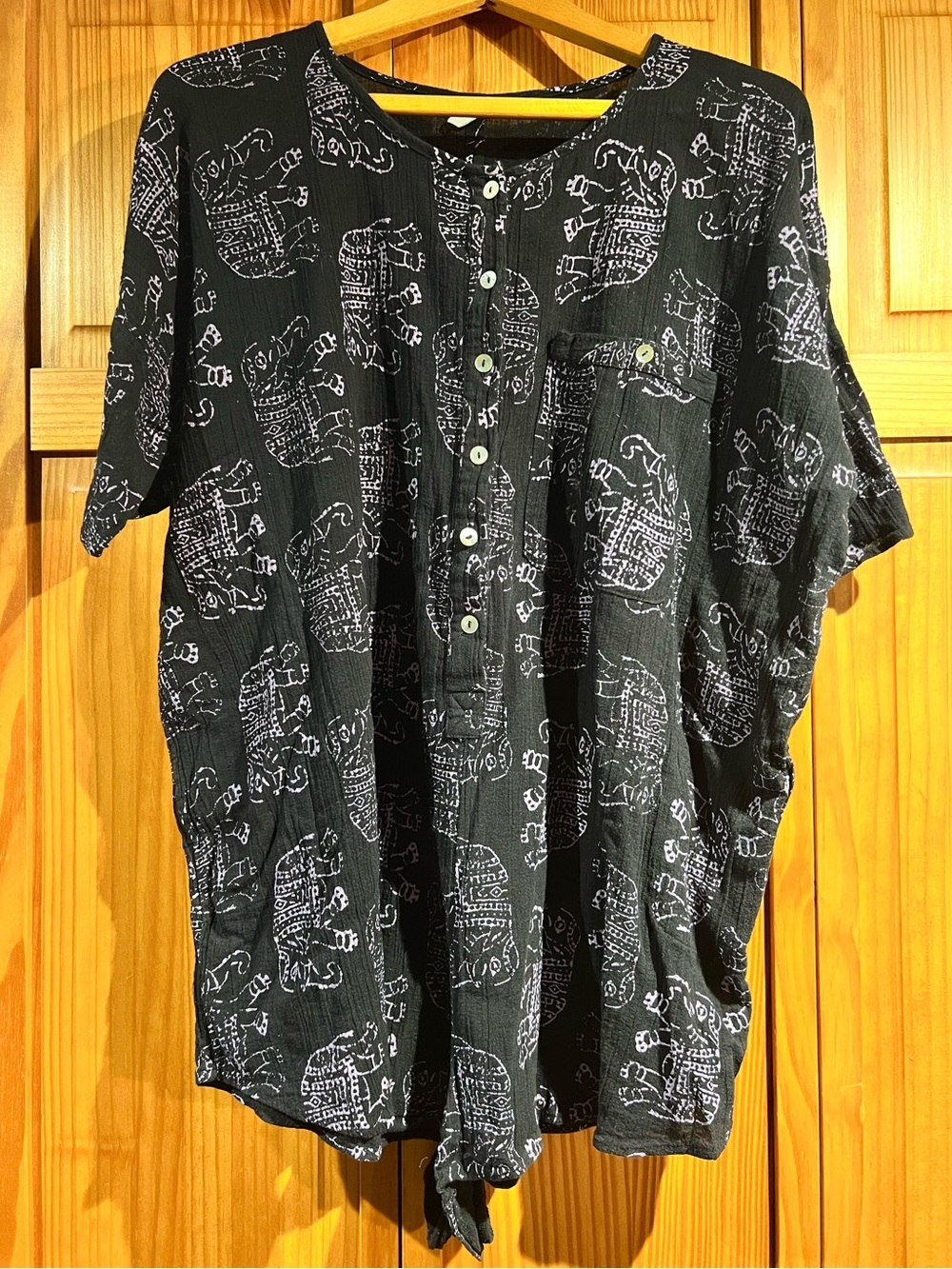 Elephant Print Oversized Black Romper Mother of Pearl Buttons Boho Festival